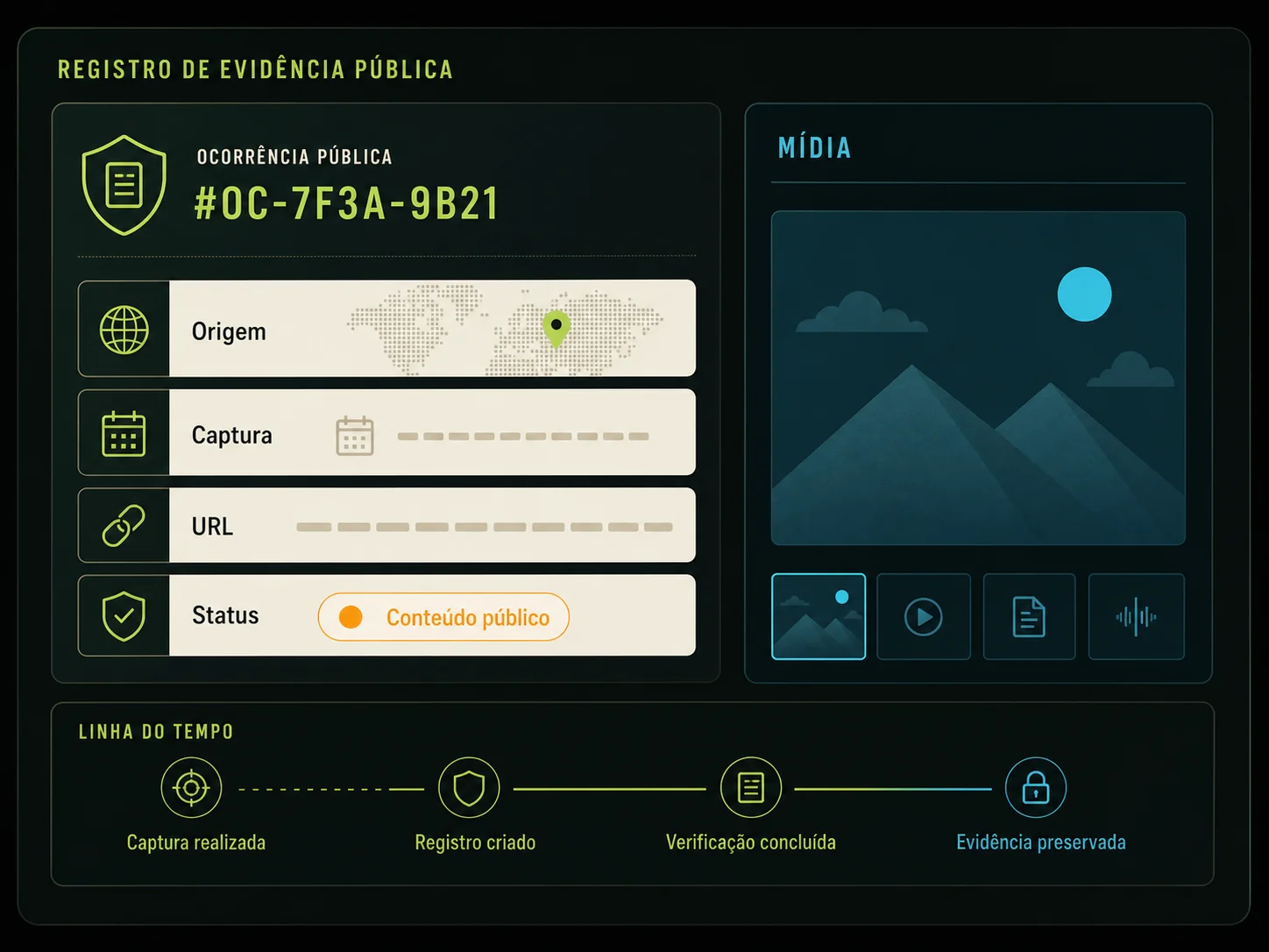 Tela de evidências do Sentinela com origem, captura, URL, mídia e status